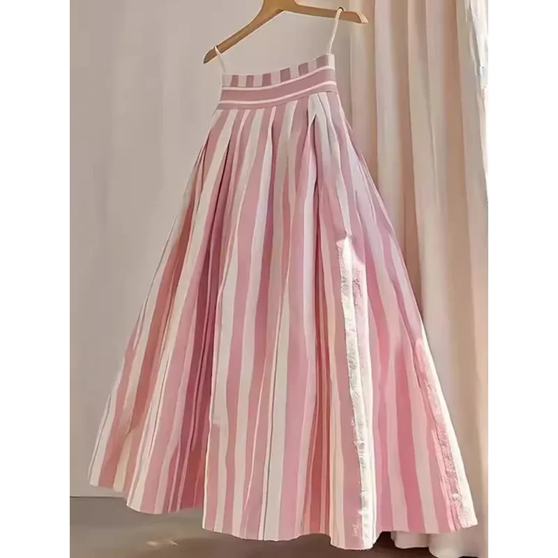

2026 Retro High Waist A-Line Midi Skirt Women's Pink Striped Design Sensation Fashion Commute Skirt