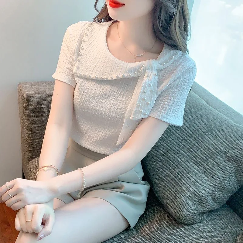 

Elegant Short Sleeve Chiffon Shirt for Women Beautiful Fashionable Pearled Unique Small Top Commute Style Polyester Material