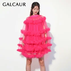 GALCAUR Patchwork Sheer Mesh Dress For Women Stand Collar Long Sleeve High Waist Loose Solid Temperament A Line Dresses Female