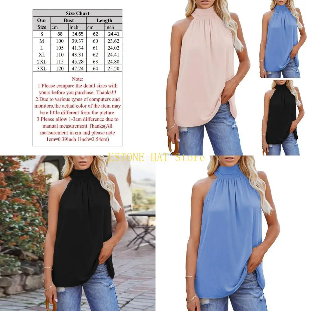 

49MF Women Sleeveless Tie Halter for Tank Top Pleated Front Solid Loose Blouse V