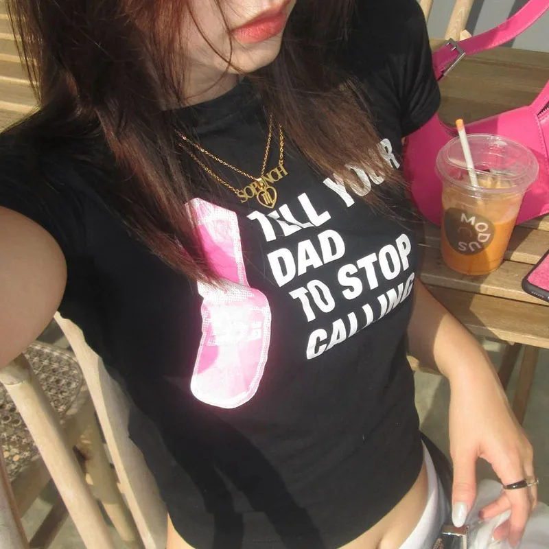 English Alphabet Print T-shirt Women Streetwear Harajuku Aesthetics Black Tops Tshirt 2022 Summer Fashion Y2k Female T Shirt