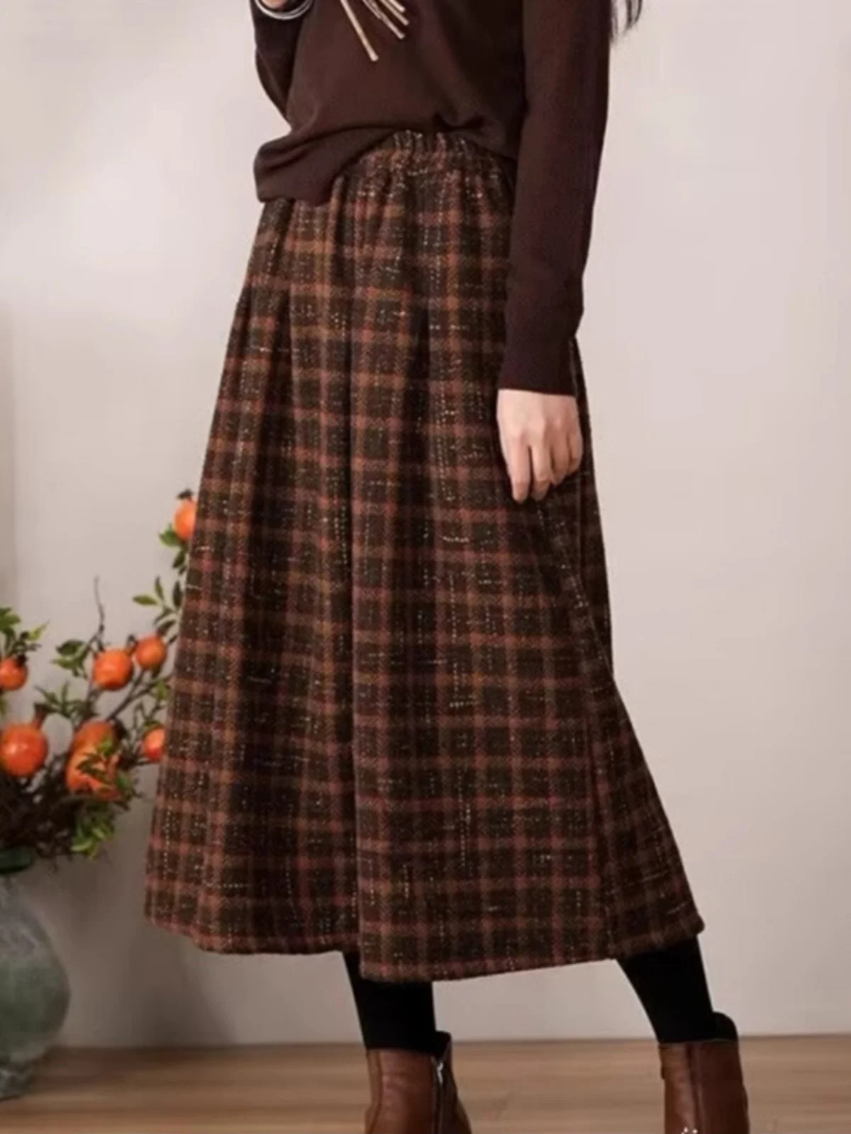 

Японская клетчатая шерстяная юбка трапециевидной формы в стиле ретро, женская осенне-зимняя свободная утягивающая юбка миди с высокой талией, расклешенная юбка f-длины