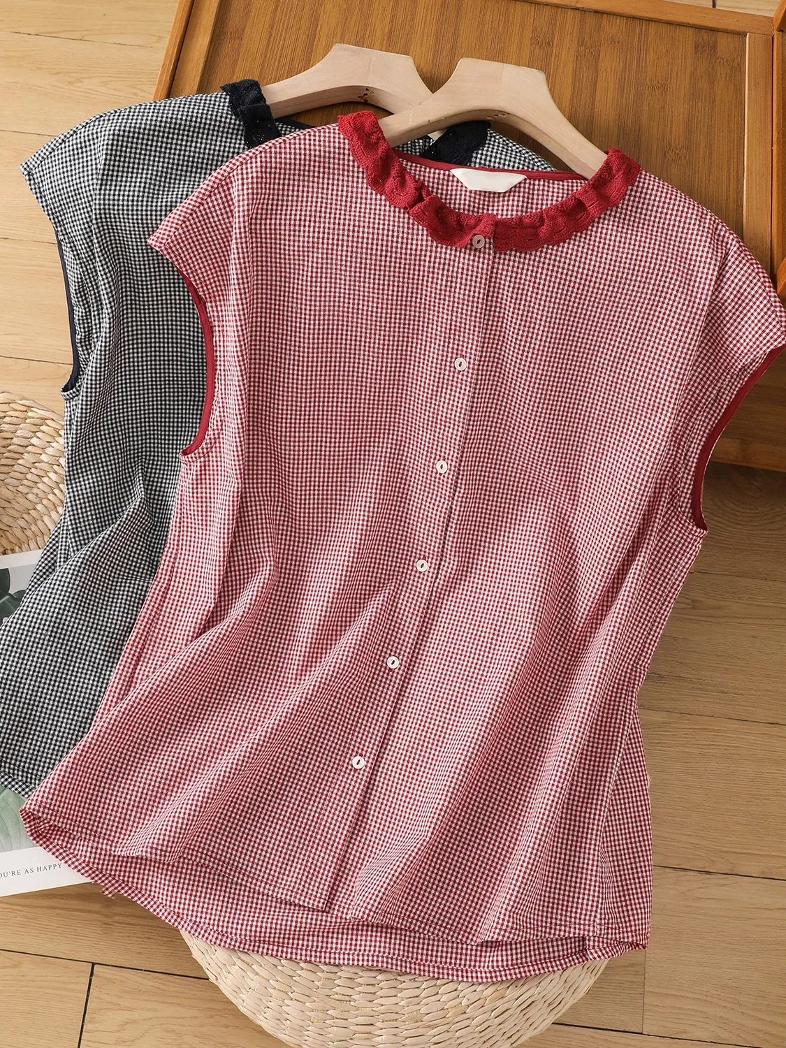 

Ретро клетчатый кружевной воротник из хлопка и льна, женский летний повседневный элегантный маленький универсальный модный топ на одной пуговице