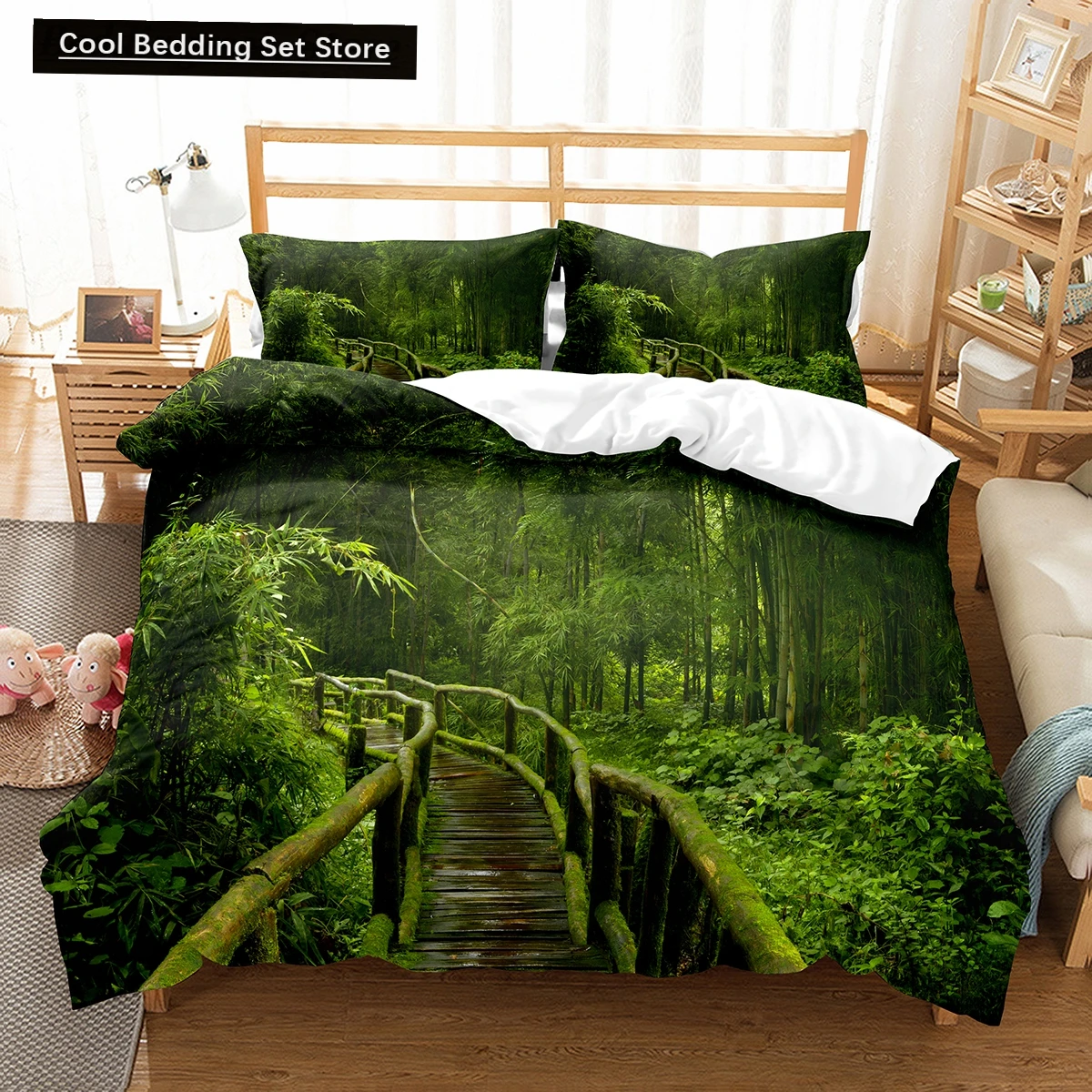 

Green Jungle Theme King Queen Full Duvet Cover Forest Trees Bedding Set Natural Landscape Quilt Cover Polyester Comforter Cover