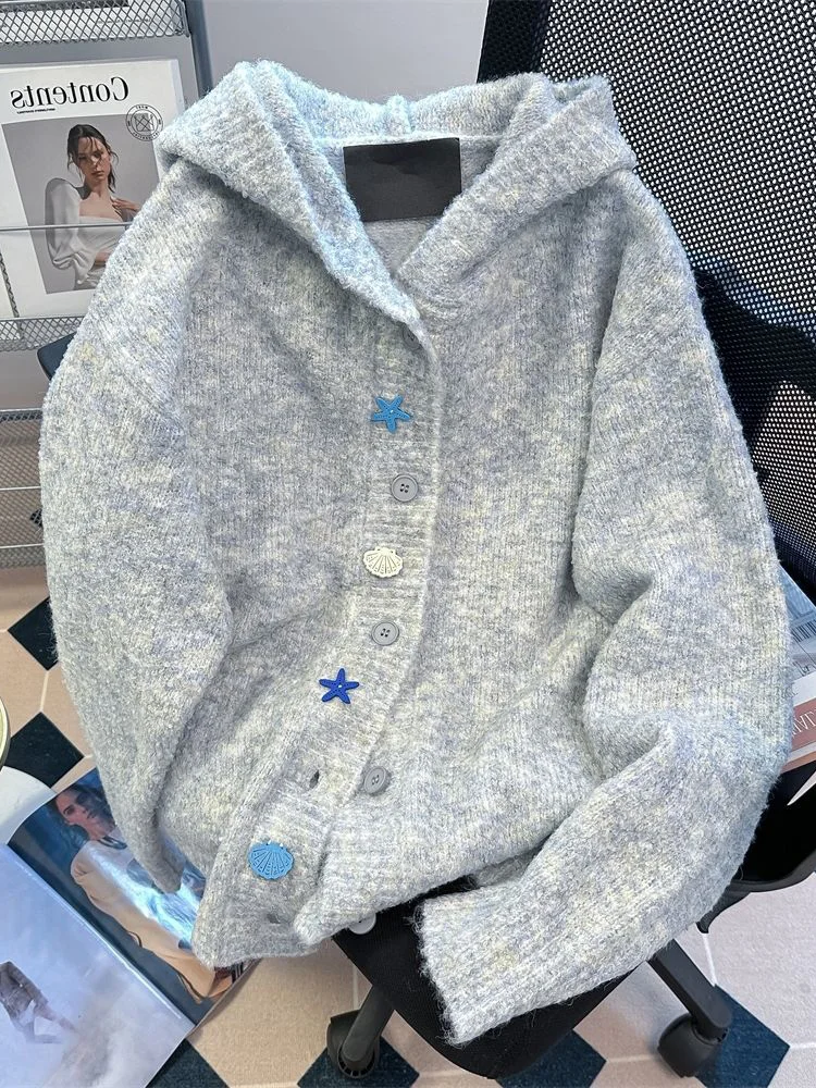 Luie Wind Retro Grijs Vest Vrouwen Leuke Knoppen Lange Mouw Losse Gebreide Truien Met Capuchon Preppy Stijl Zoete Zachte Tops Jassen