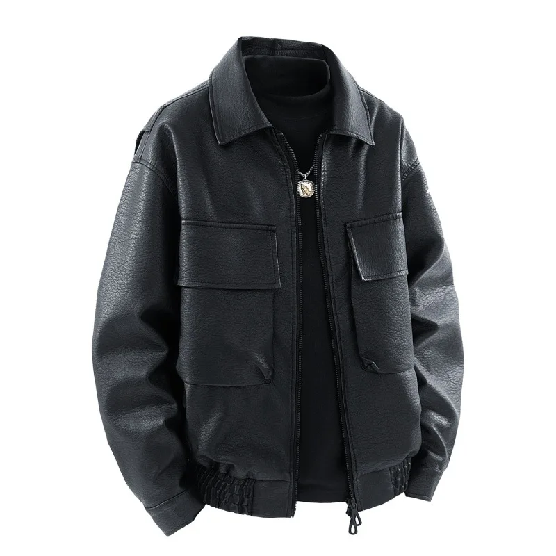 

Men's Leather Jacket for Autumn - Korean Style, Slim-Fit, Lapel Collar, Windproof, Casual Outerwear