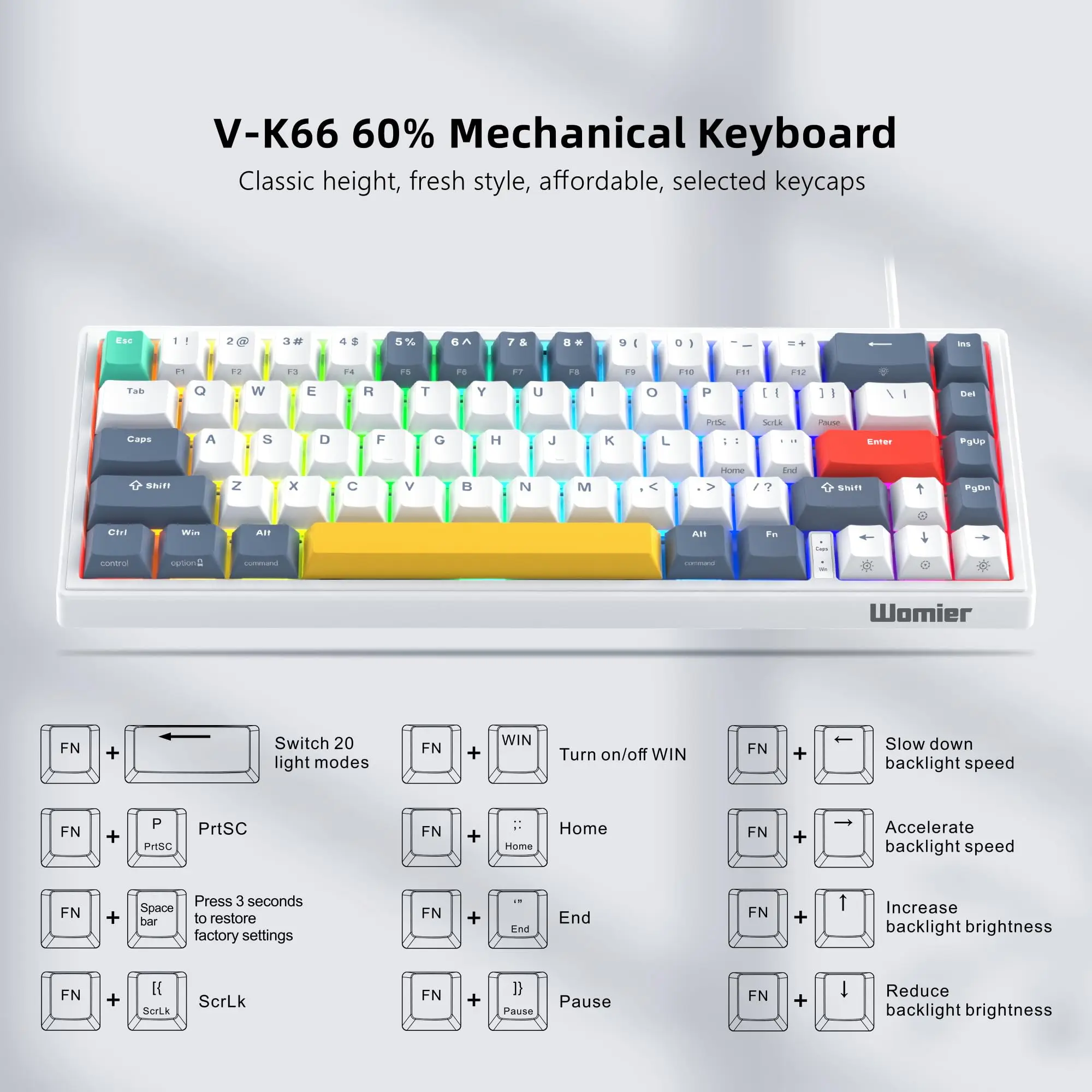 Imagem -06 - Mulher V-k66 Teclado Mecânico do Jogo Backlit com as Setas com Fio com Led Hot Swap