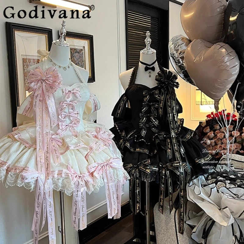 

Sweet Princess Style Birthday Party Dressrs New 2025 Girl's Women's Slim Fit Halter Sweet Elegant Cute Bow Ribbon Lolita Dress