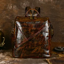 Vintage Men's Backpack with Large Capacity in Genuine Leather, Crocodile Print