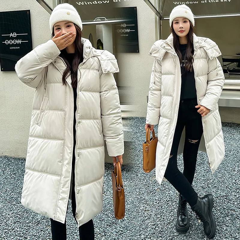 Women's Monochromatic Long Straight Winter Coat, Casual Parkas Clothes, Hooded Stylish Jacket, Female Outerwear, New