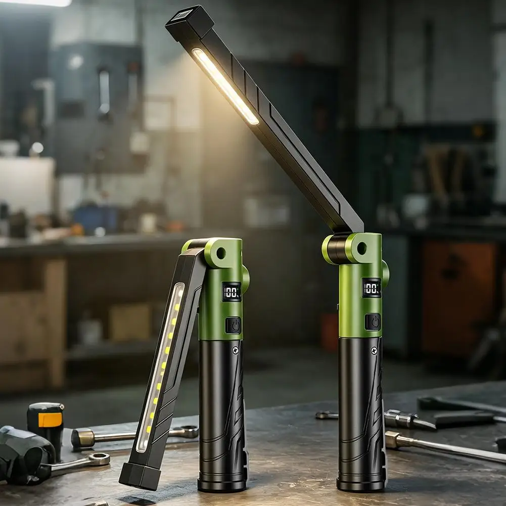Folding LED Work Light Digital Display USB Rechargeable Portable Flashlight Magnetic Base Hook Car Repair Emergency Work Light