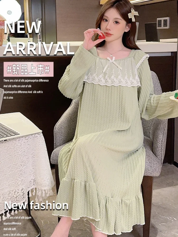 Корейская ночная рубашка больших размеров 110 кг 5XL, женская весенняя кружевная одежда для сна с длинными рукавами, одежда для сна принцессы с квадратным вырезом, свободная домашняя одежда