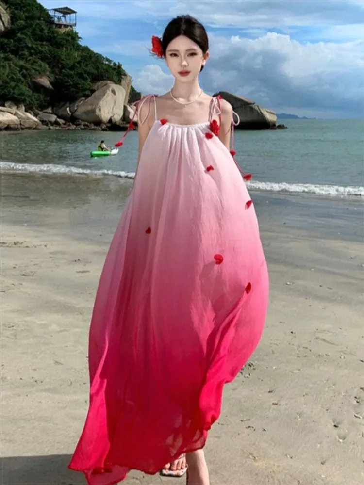 Gradient three-dimensional flowers are super beautiful Loose halter dress for vacation and