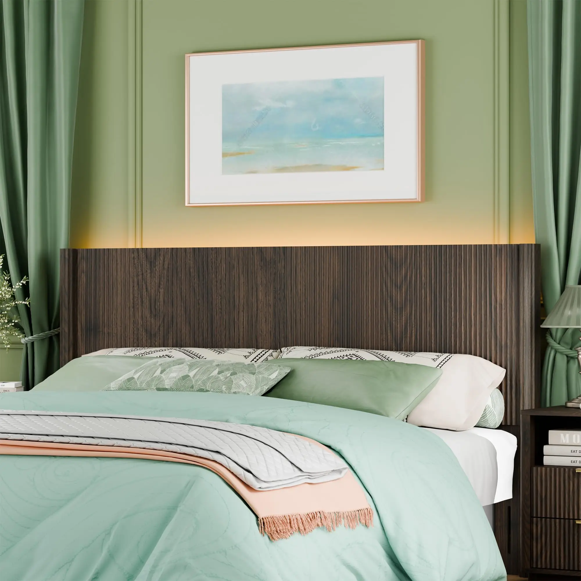 King Size Headboard Only, Modern Fluted Wall-Mounted Head Board with Lighting, Boho Wood Bed headboard Stylish Bedroom