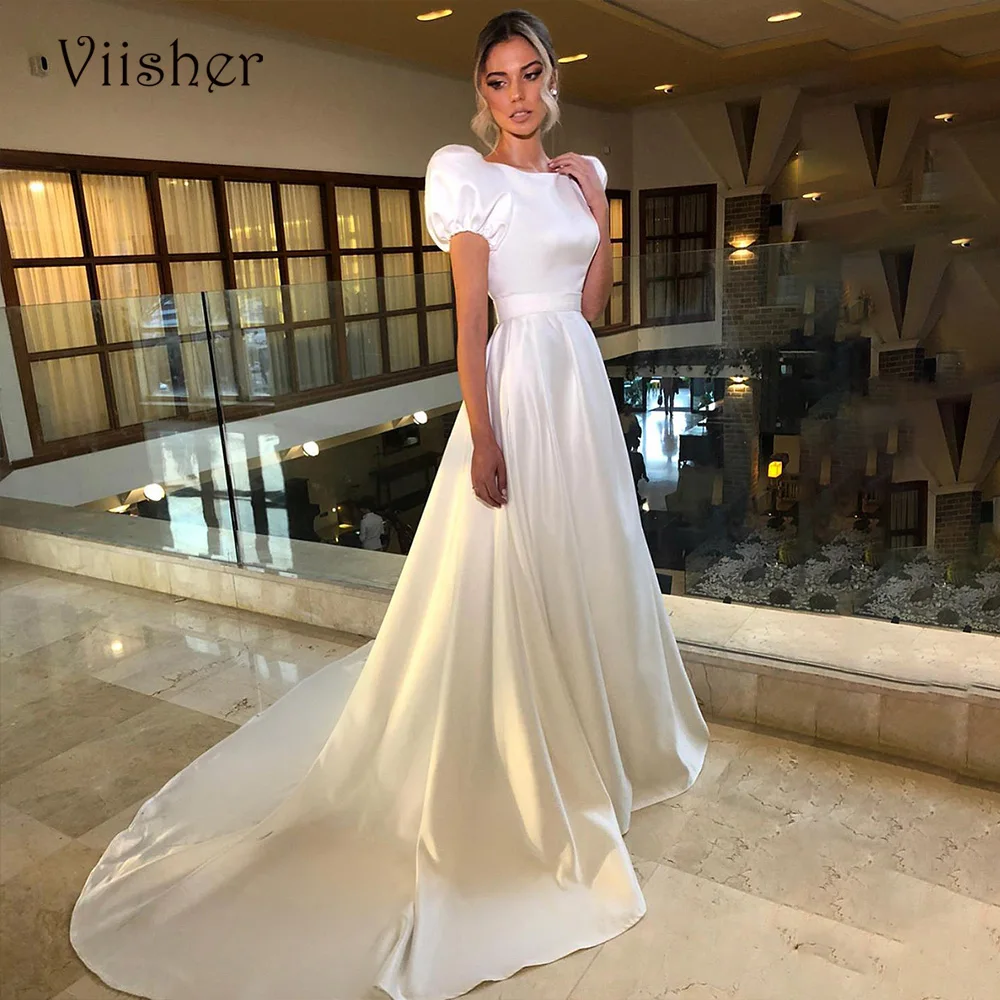 

Viisher White A Line Wedding Dresses Short Sleeve Mono Satin Princess Bride Dress Elegant Women Wedding Party Dress with Train