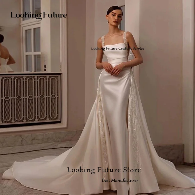 Abito da sposa in raso a sirena di lusso Sexy senza spalline con perline Piega senza maniche Cerniera senza schienale Treno staccabile Personalizzato