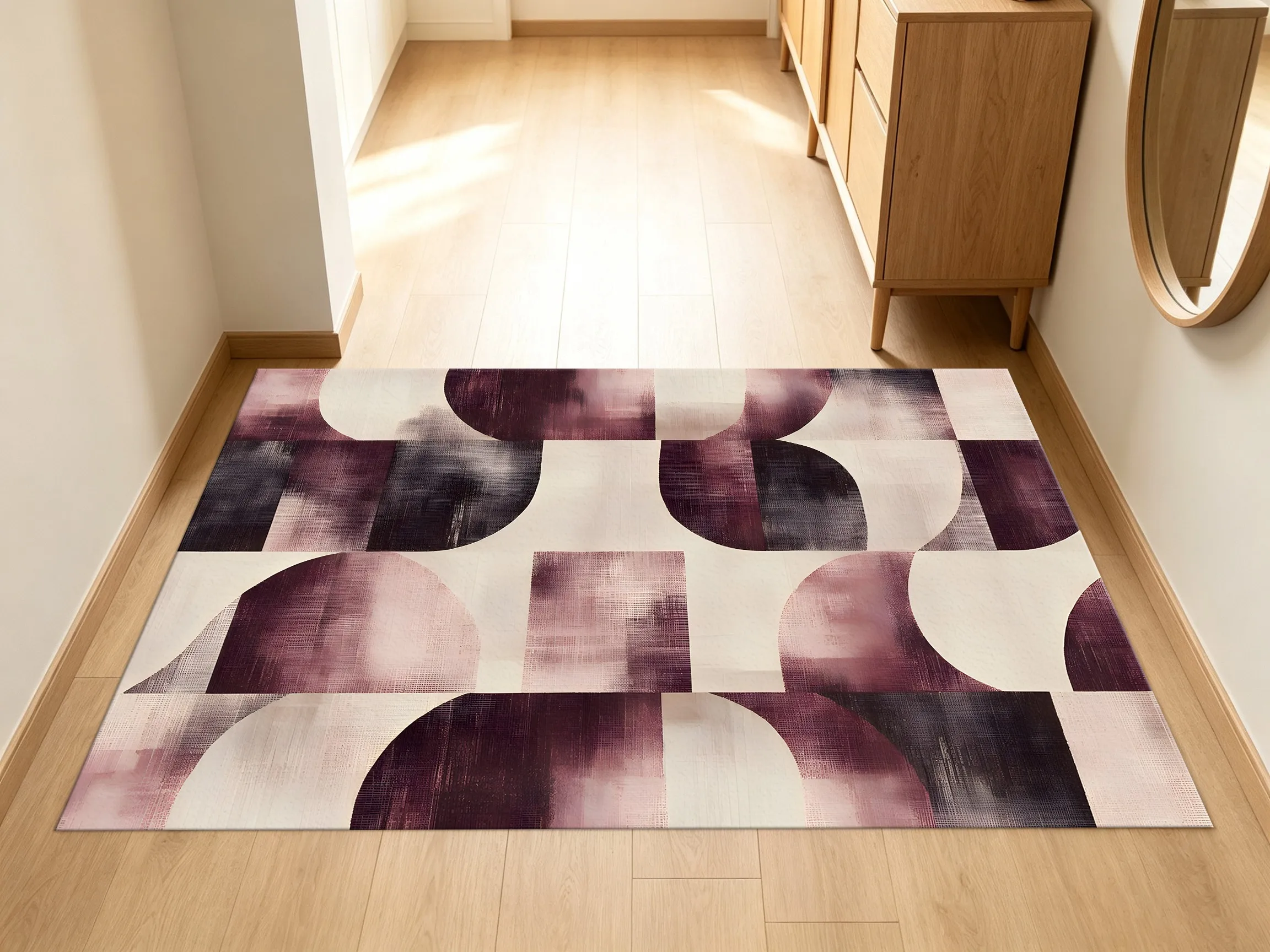Luxurious Retro-Style Velvet Rug with a Bean Paste-Toned Geometric Semicircle Design, Perfect for a Housewarming or for a Living Room/Bedroom with a Soft, Misty Ambiance
