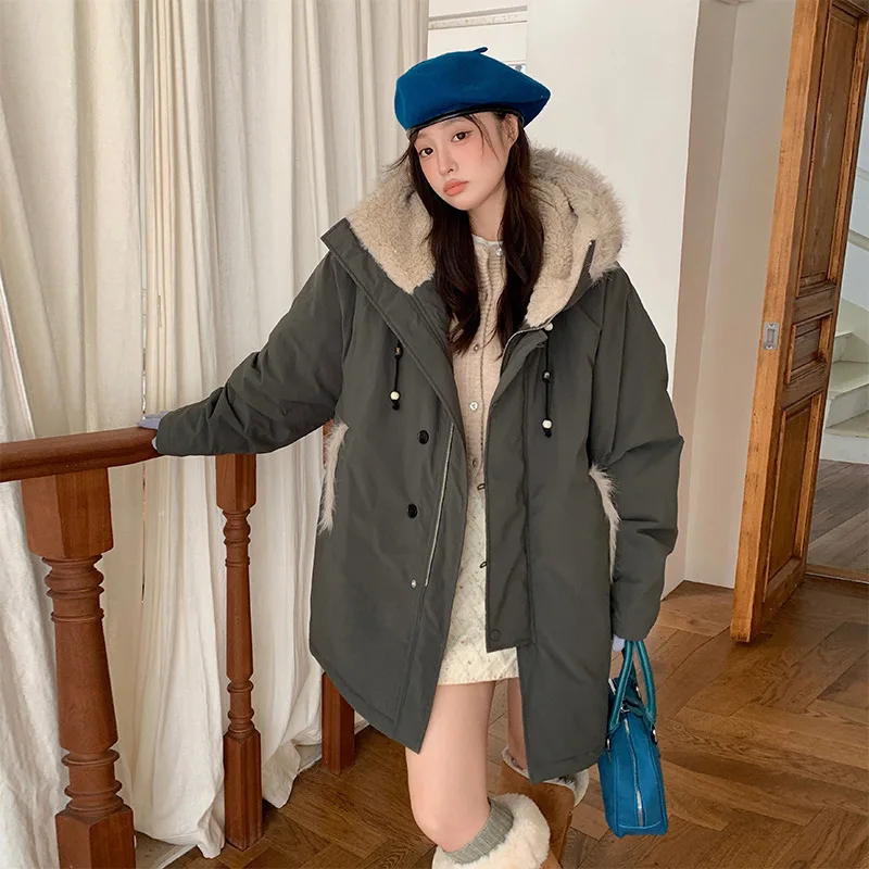 PinkyIsBlack Mid-length Cotton Padded Jacket Women 2025 Winter New Korean Style Loose Big Fur Collar Puffer Jacket Coat Outwear