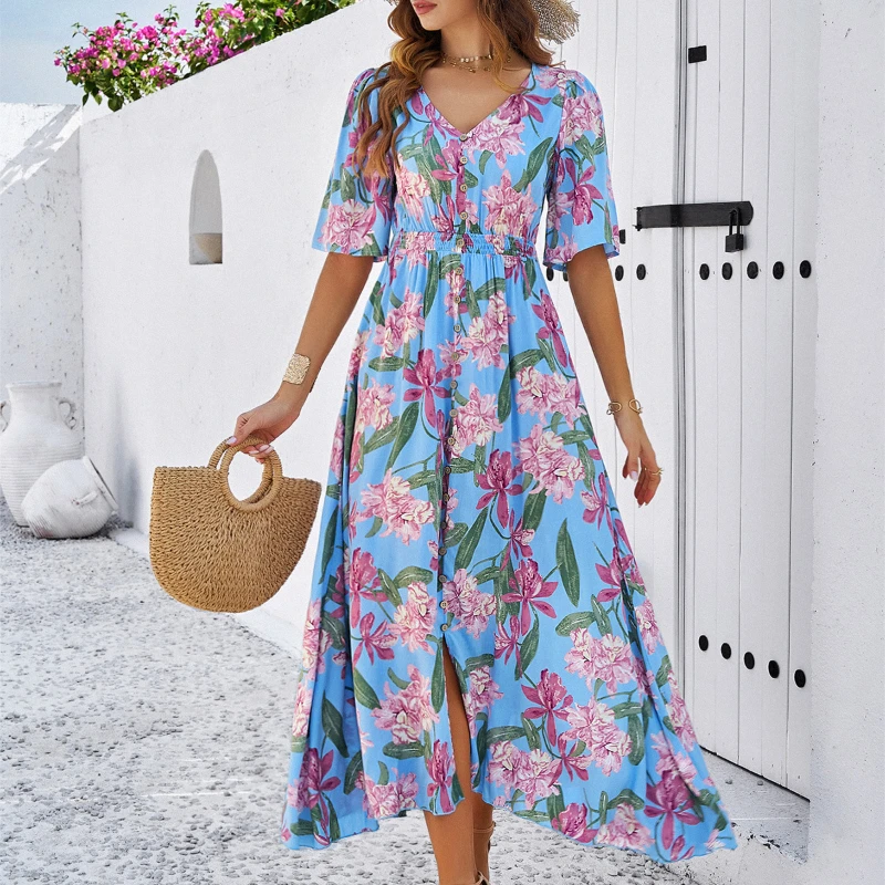 2024 Women Beach Dress New V-neck Print Cover-Ups Short Sleeve Clothing Summer Outdoor Push Up High Waist Bathing Suits Swimwear