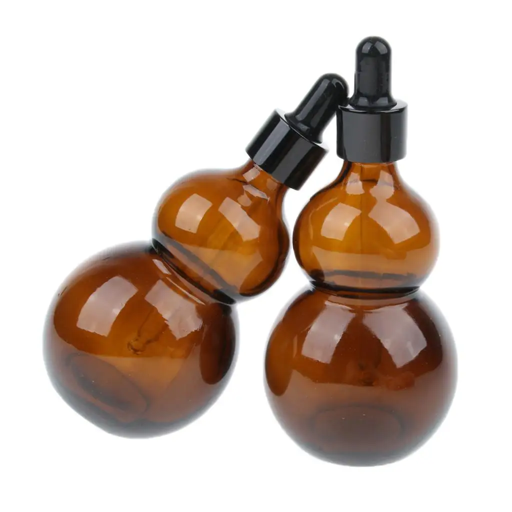 2 Pcs 50ml 100ml Gourd Shaped Amber Glass Bottles for Essential Oil with Glass Eye Dropper Refillable