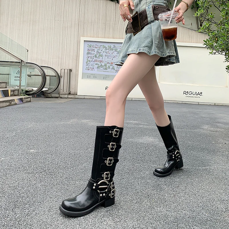 Platform Combat Boots Zip Chuny Heel Buckle Vintage Fashion Casual Luxury Designer Western Mid Calf Boots Shoes Woman