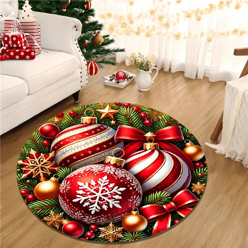 Cozy Santa Reindeer Family Round Rug For Holiday Scene Cute Character Bedroom Warm Decorative Floor Mat