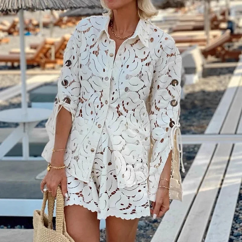 

Casual Long Sleeved Loose Two Piece Sets Summer Vacation Sexy Hollow Out Lace Suit Women's Lapel Shirt and Shorts Beach Outfits