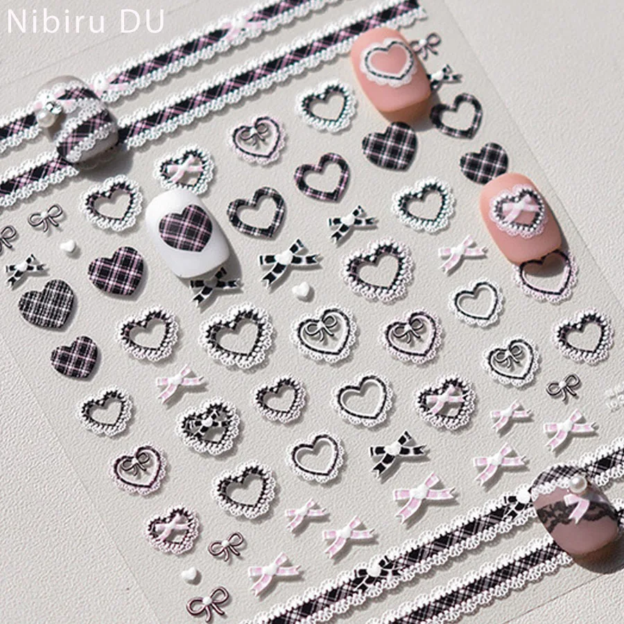 1 stücke Süße Perle Spitze Bogen Nagel Aufkleber Liebe Herz Rosa Weiß Schwarz Spitze Bogen Selbstklebende Nail art Dekorationen abziehbilder Zubehör