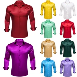 Silk Men's Shirts Long Sleeve Solid Satin Mercerized White Black Red Blue Gold Purple Slim Male Tops Casual Blouses Barry Wang