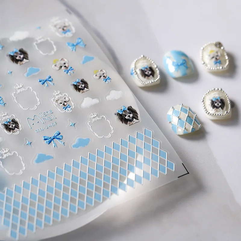 Dreamy Cute Puppy Light Blue Bowknot Checkered Padrão 5D Macio Em Relevo Auto-adesivo Nail Art Sticker 3D Manicure Decalques