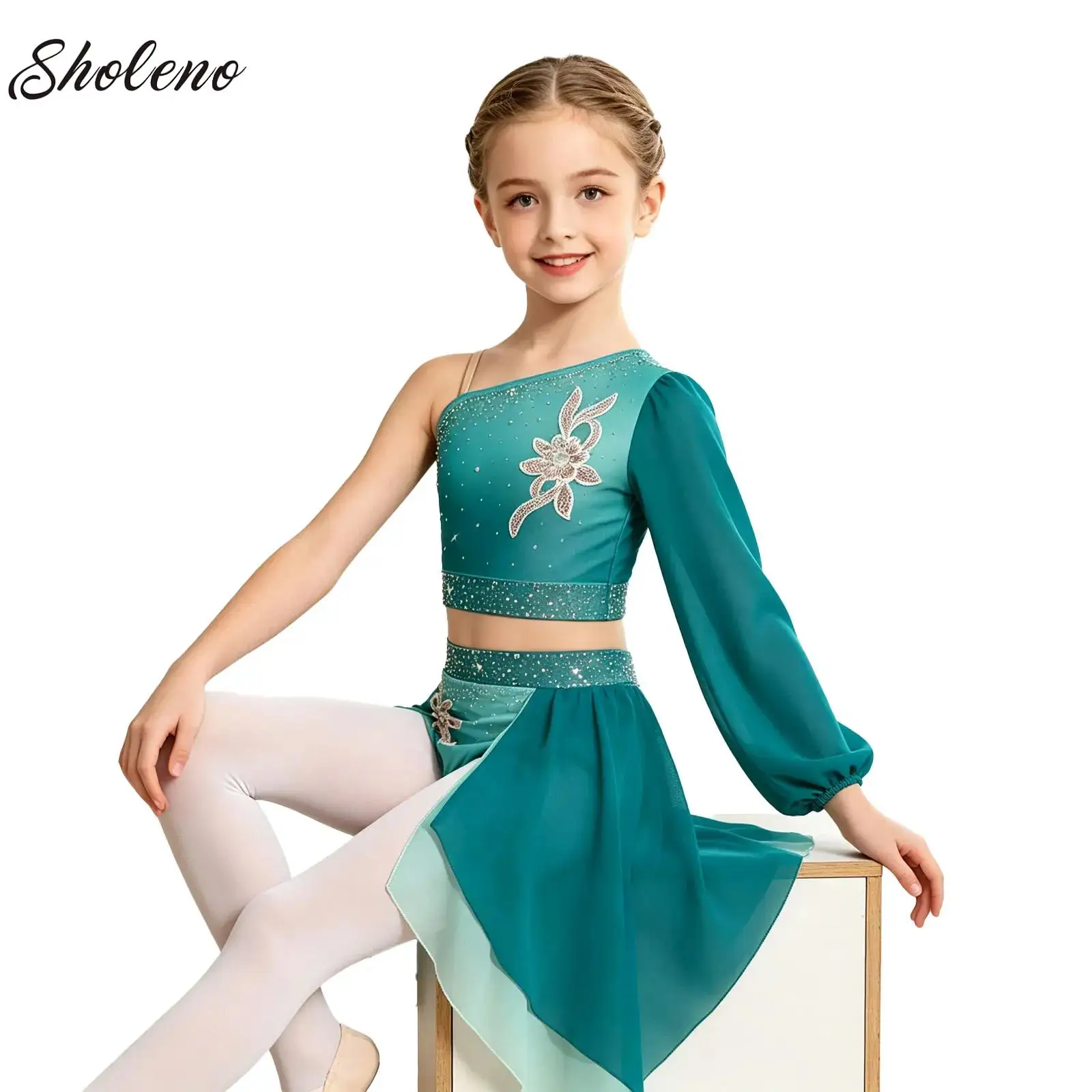 Kids Girls Contemporary Lyrical Dance Crop Top Asymmetrical Sheer Mesh Long Sleeve Shiny Rhinestone Stage Performances Costume