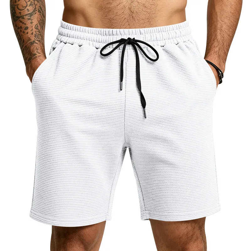 Men Waffle Knit Elastic Waist Drawstring Shorts Solid Color Summer Beach Workout Shorts