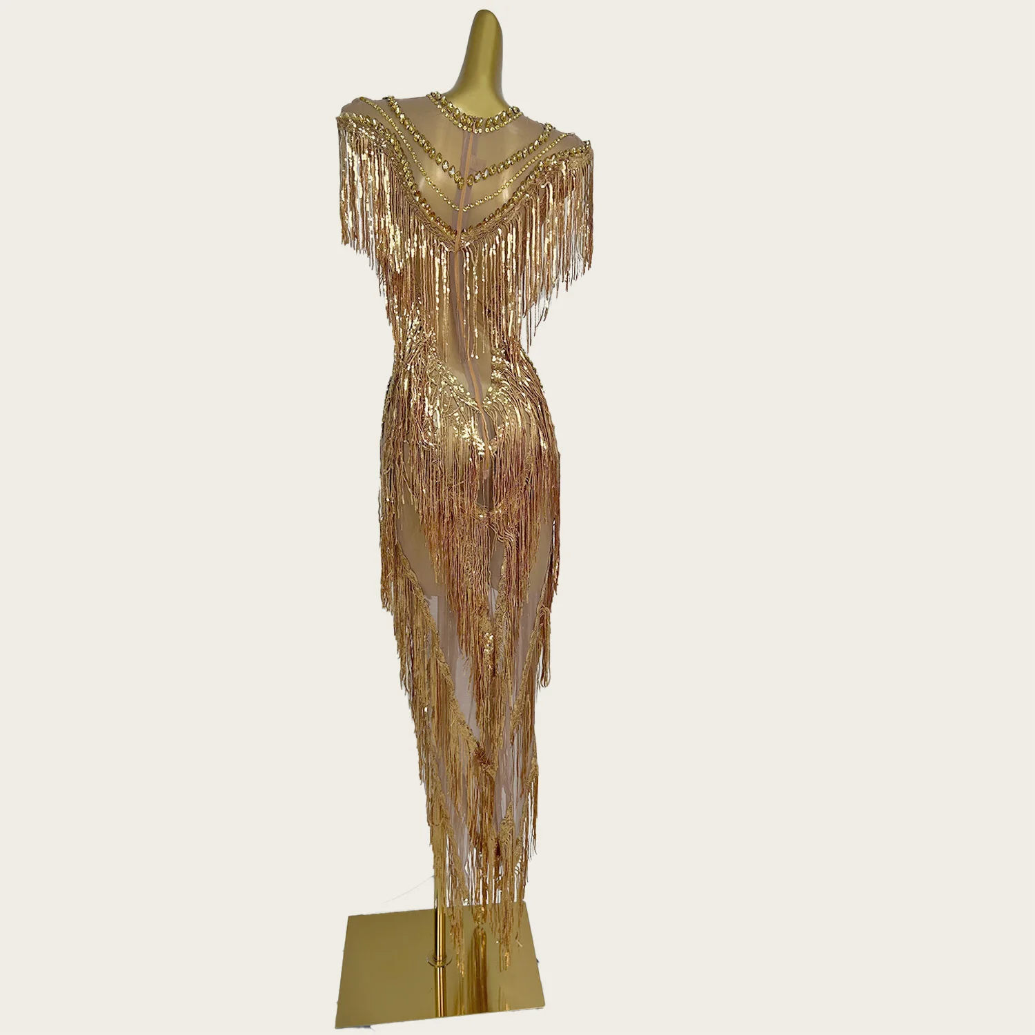 Vestidos largos de malla transparente con borlas y lentejuelas y cristales brillantes, vestido de noche elegante para mujer, traje de fiesta de cumpleaños, Shexian