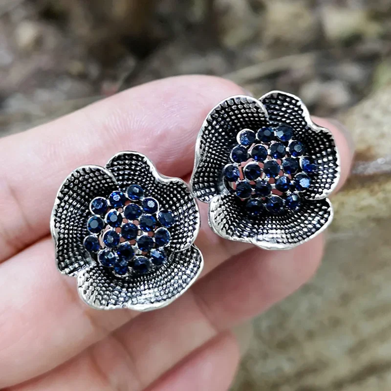 Vintage Black Color Flower Stud Earrings for Women Blue Round Crystal Zircon Wedding Earrings Anniversary Gifts 2024 New Jewelry