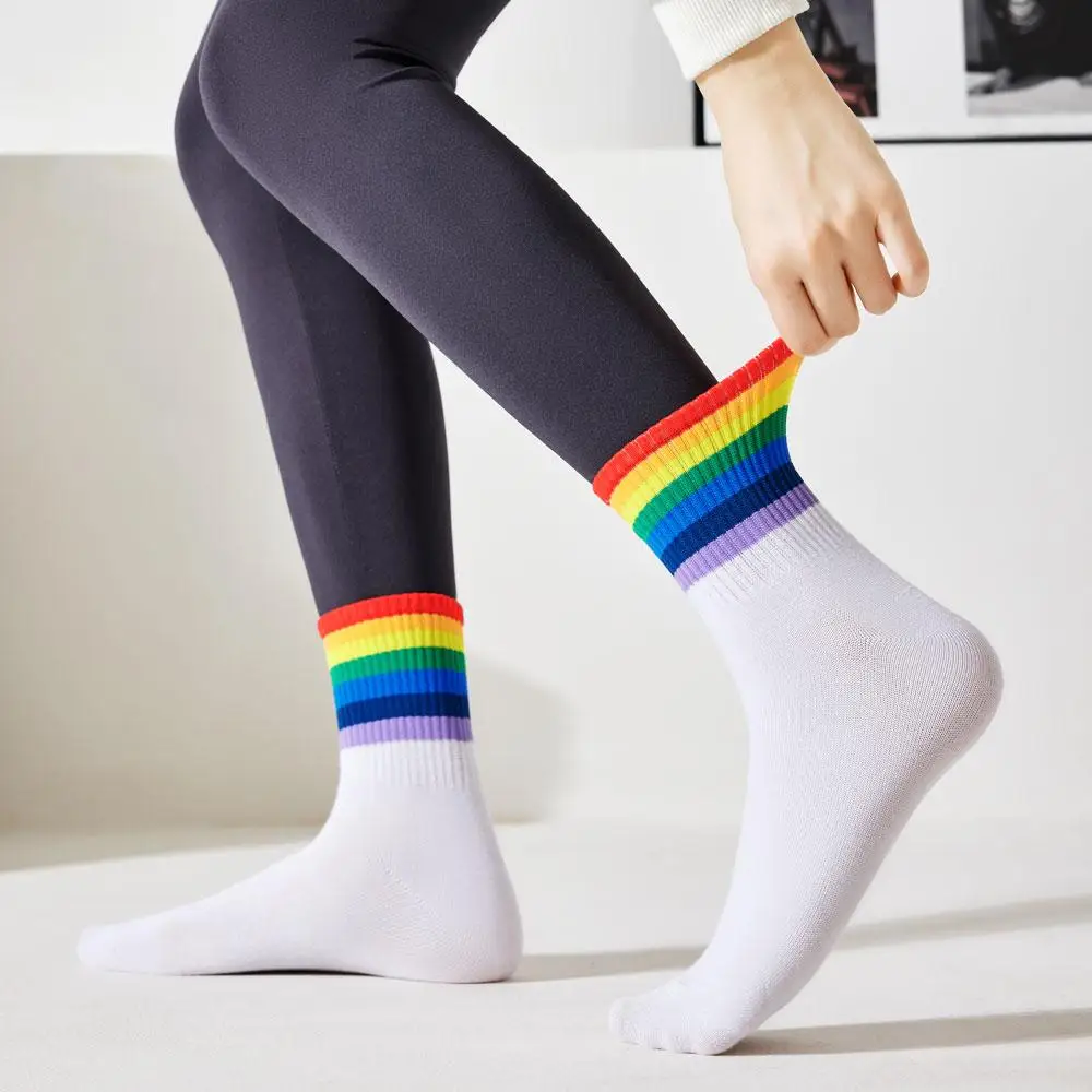 5 Pair Women Rainbow Socks Cotton Cute Striped White Socks Japanese Harajuku Funny Socks Kawaii