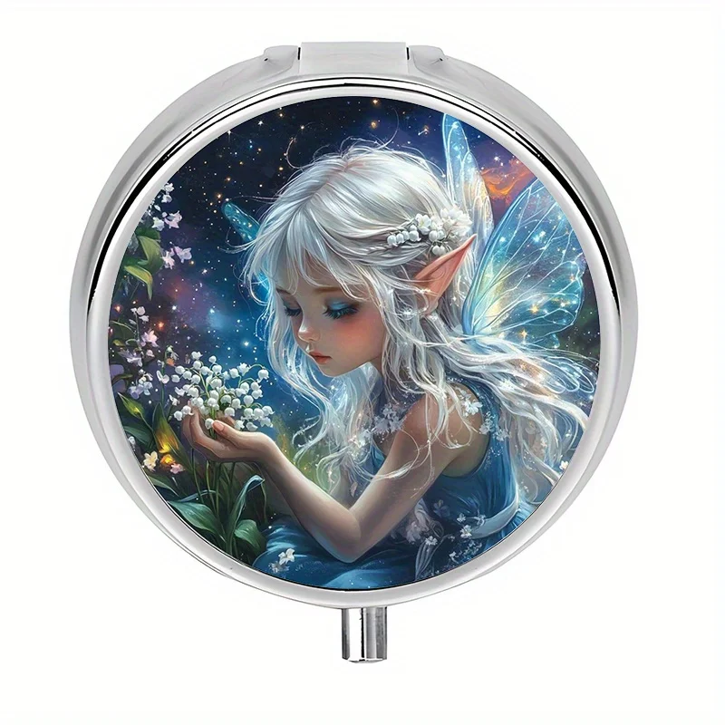 Single-piece, flat, round, three-compartment pill box, decorated with a repeating pattern of starry sky, lily of the valley, and white-haired elf, portable vitamin storage box, unique design, suitable as a gift for girls, made of durable metal and plastic materials