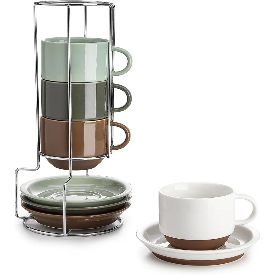 

Sweese 8 Ounce Cappuccino Cups Set of 4 Porcelain Stackable Coffee Cups with Saucers and Metal Stand Multicolor