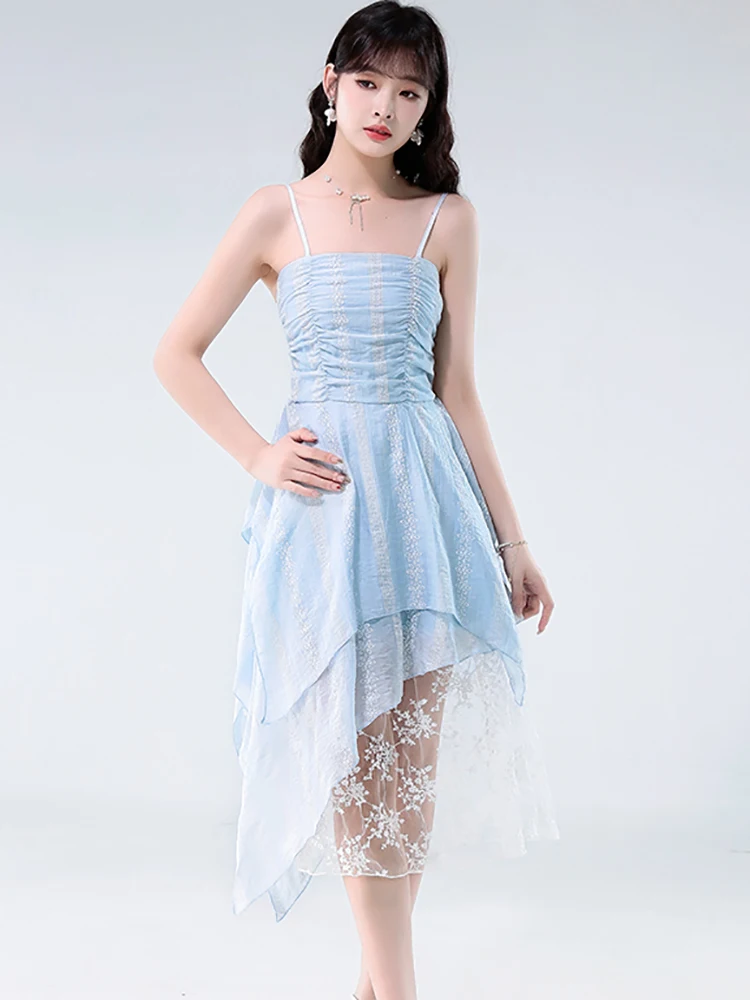 Femmes bleu Jacquard Patchwork dentelle robe à volants été élégant décontracté fronde robe Sexy 2025 coréen moulante Festival robe de soirée