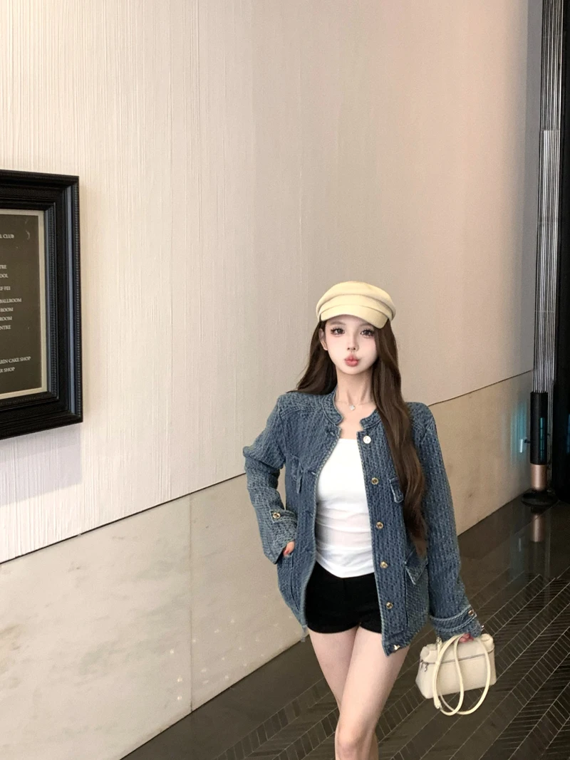 

Джинсовое пальто с розовыми цветами, женские весенние кружевные куртки реглан с длинными рукавами и вышивкой в клетку, субкультурные стильные романтические куртки Ins