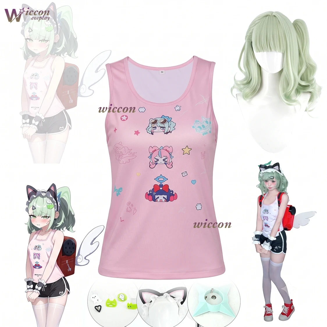 Zenless Zone Zero Sunna Cosplay Pink Printed Camisole White Skirt Red Suspenders Cat Ear Bell Headband Full Set Halloween view 6