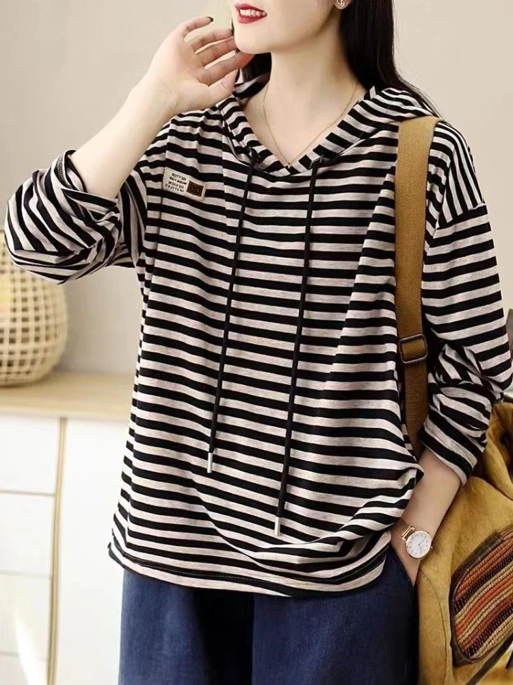 2026 New Cotton Striped Hoodie Women Loose Personality Fashion Long Sleeve Tee