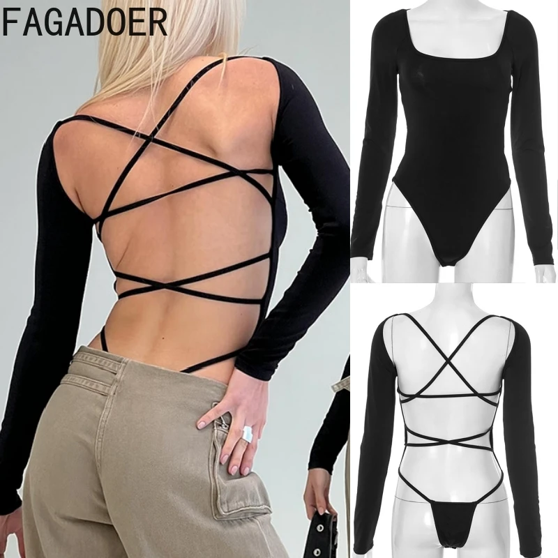 

FAGADOER сексуальные бандажные лоскутные облегающие комбинезоны женские однотонные боди с квадратным вырезом и открытой спиной женские уличные комбинезоны новые