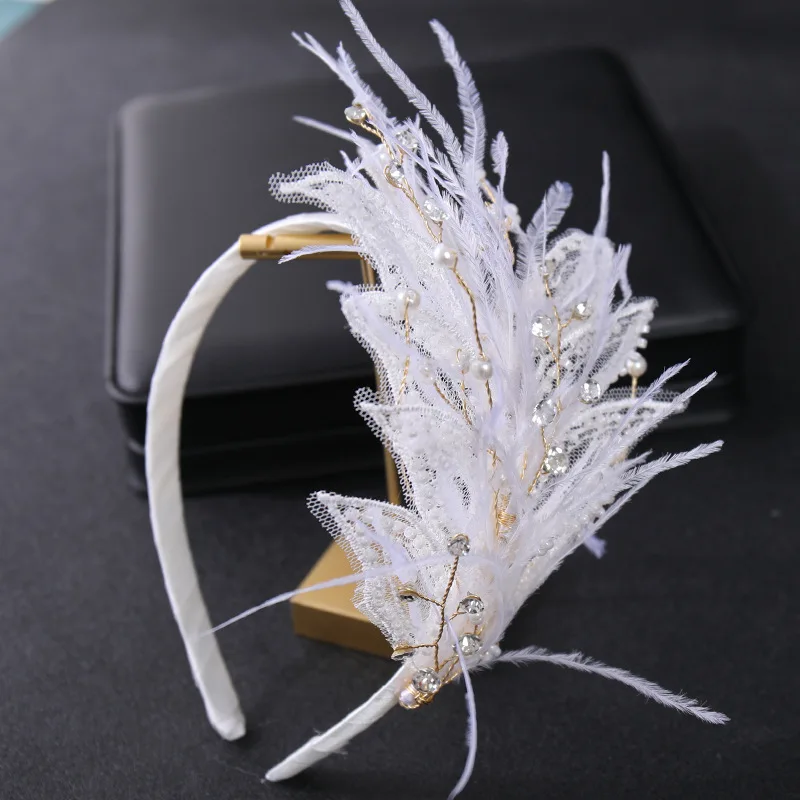 Bridal Crown Feather Headwear Wedding Headbands Headdress Pearl Rhinestone Hairbands Bride Hair Jewelry Guest wedding headdress