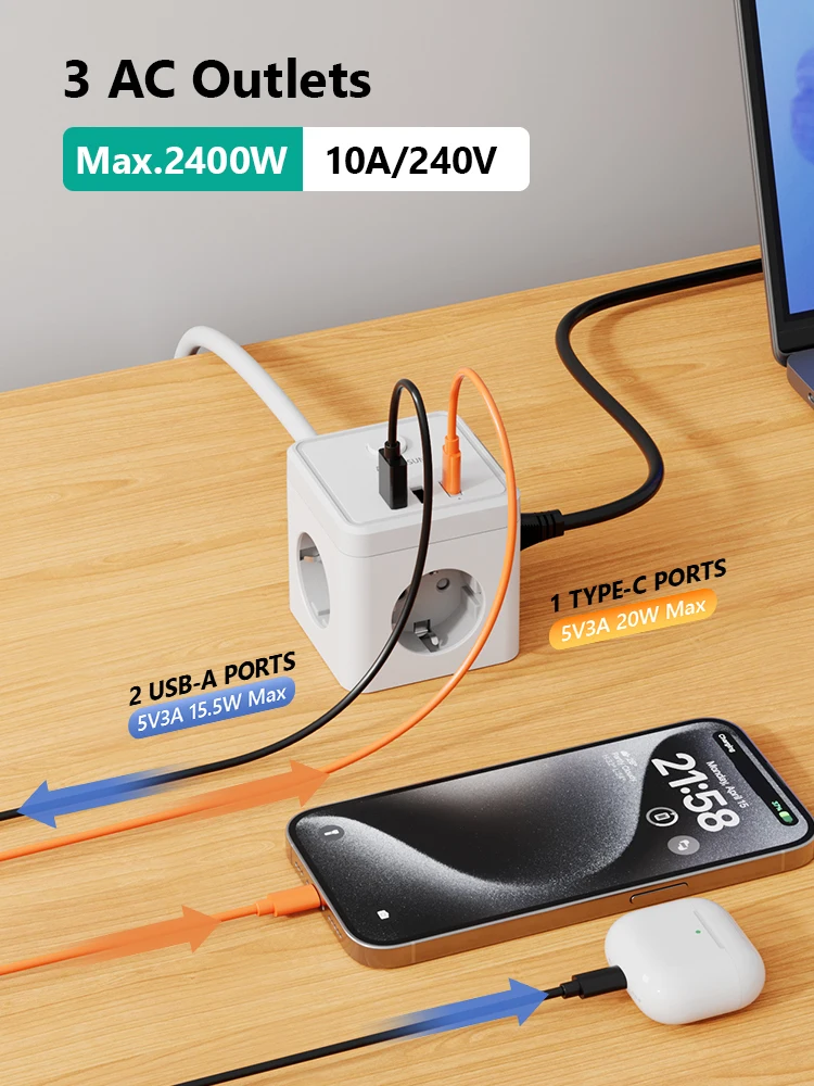 16-in-1 EU-stekkerdoos met snelladen PD20W, overspanningsbeveiliging, 2m verlengsnoer, 3 AC-aansluitingen, 2 USB-A en 1 Type-C, tafelstopcontact