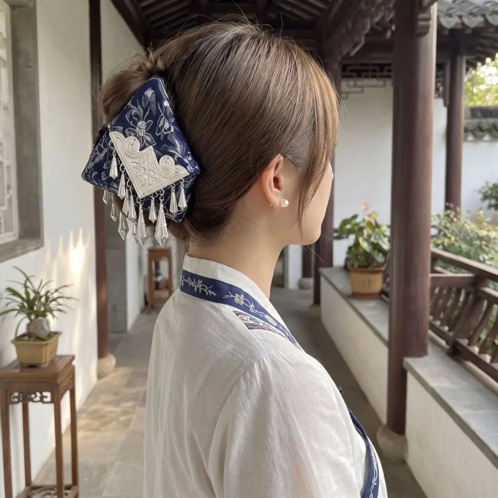 Creative Cloth Satin Triangle Hair Claw Flower Bow Ethnic Style Hair Clip Grasp Fabric Silver Tassel Shark Clip Girl