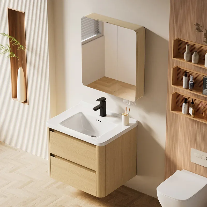 Log wind honeycomb aluminum arc corner bathroom cabinet combination bathroom ceramic integrated basin washbasin hand washbasin