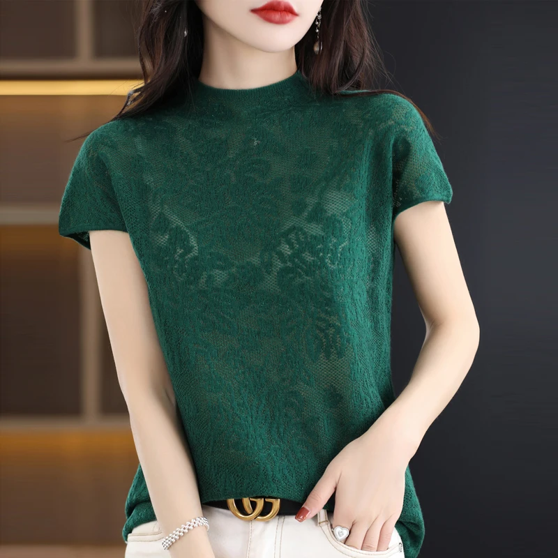 Spring Summer Women's 100% Wool Lace Sweater T-shirt Half-high Neck Hollowed Pullover Short Sleeve Tees Casual Knitted Soft Tops