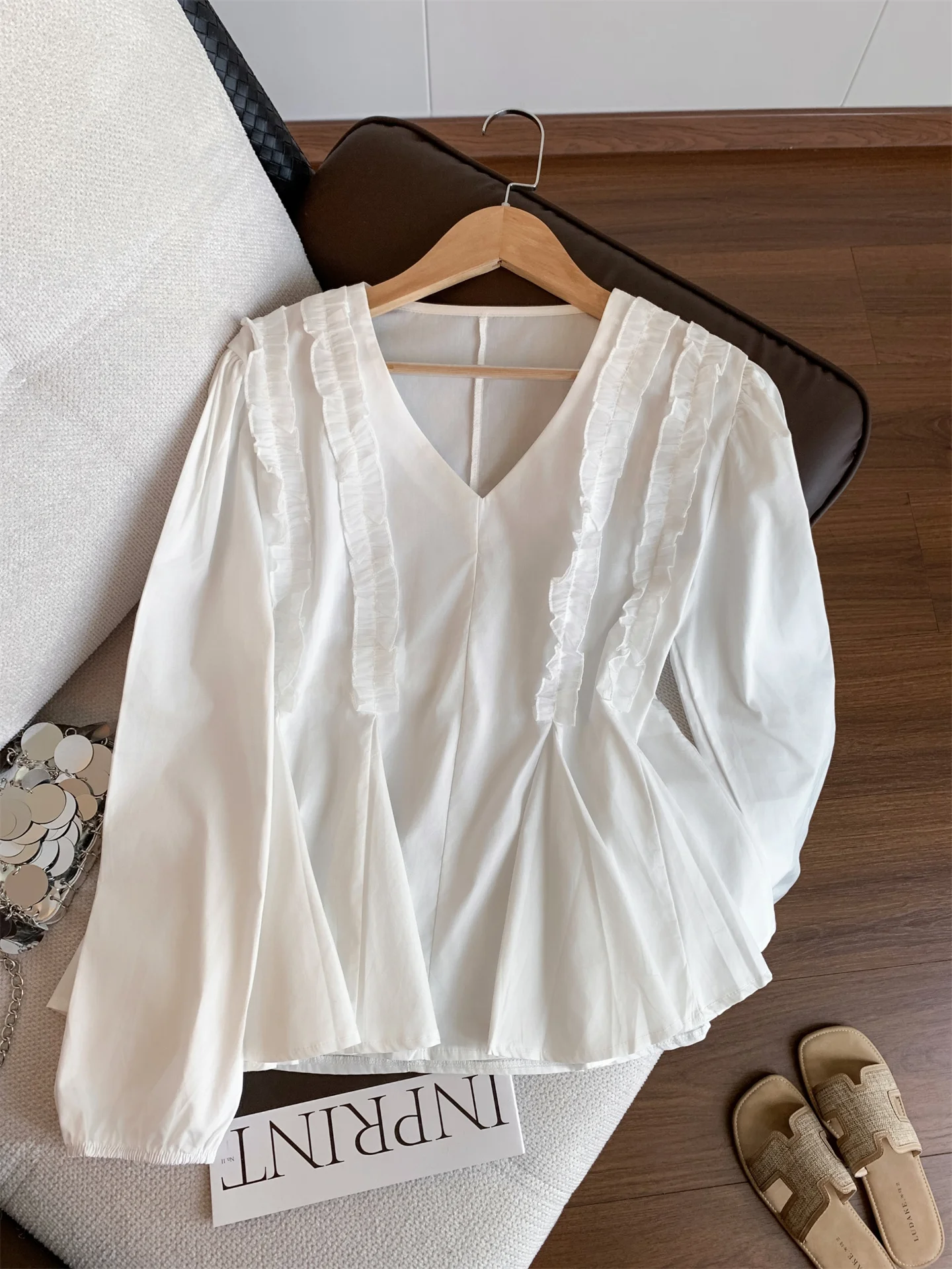 

White Long Sleeve Women's Shirt Guangzhou Thirteenth Factory Heavy Embellishment Splicing Slimming Fall Fashion Korean Style ...
