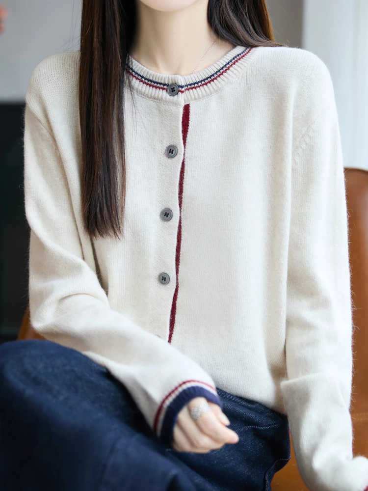 

Thiened Knitted Cardigan Women's Outerwear round Ne Sweater Top Color Blo Autumn 2025 Korean Sle Warm Long Sve Coat