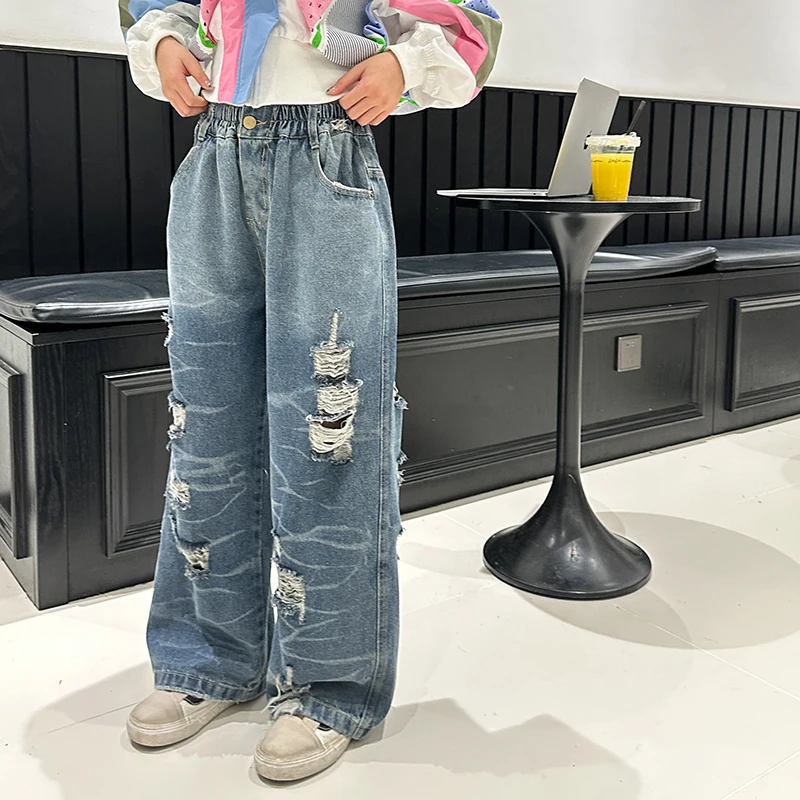 

Джинсы для девочек, большие размеры, прямые брюки для детей на весну и осень, стильные рваные брюки для детей на весну.